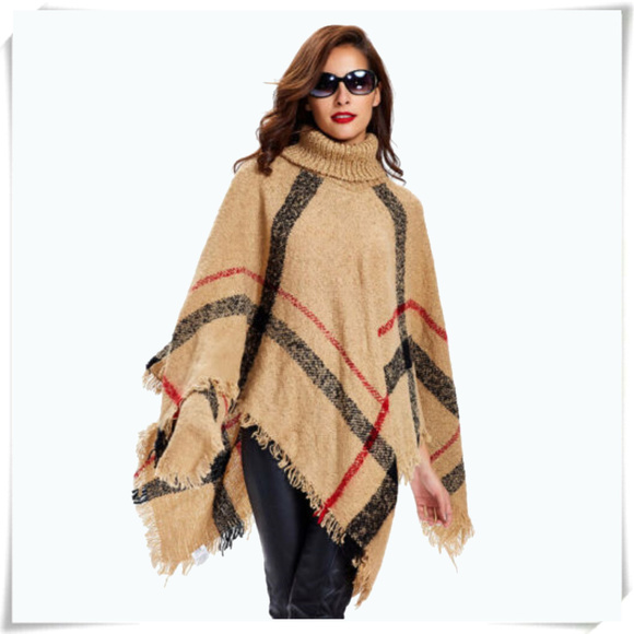 Sweaters - Plaid Poncho Sweater with Turtle Neck ONE SIZE